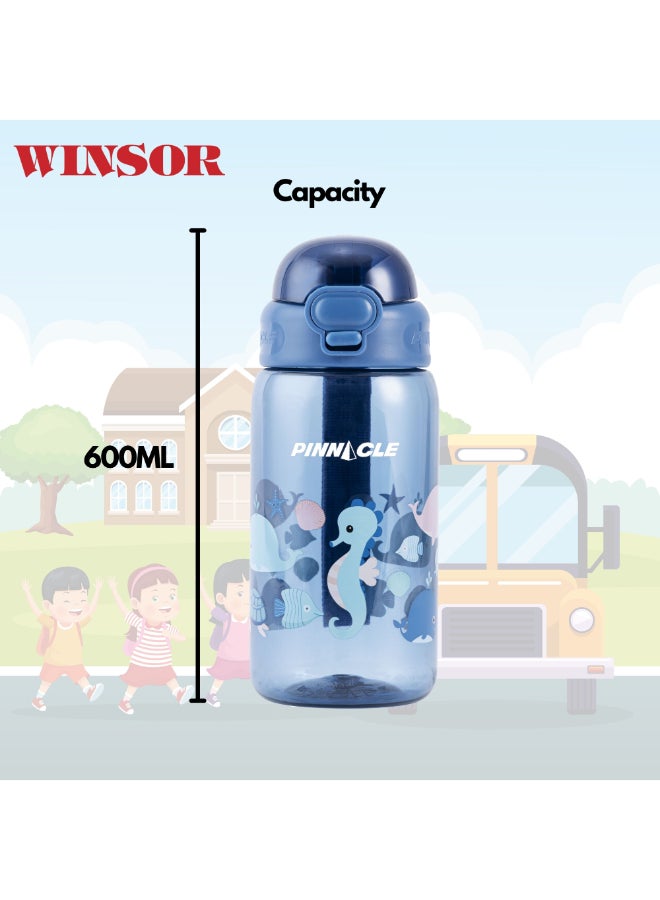 Winsor زجاجة مياه بيناكل برومست للأطفال مع قشة وحزام حمل - 600 مل زجاجات مياه خالية من BPA للأطفال، سهلة التنظيف، زجاجة مياه للأطفال للمدرسة، زجاجة مياه للأطفال - زرقاء - Image 5